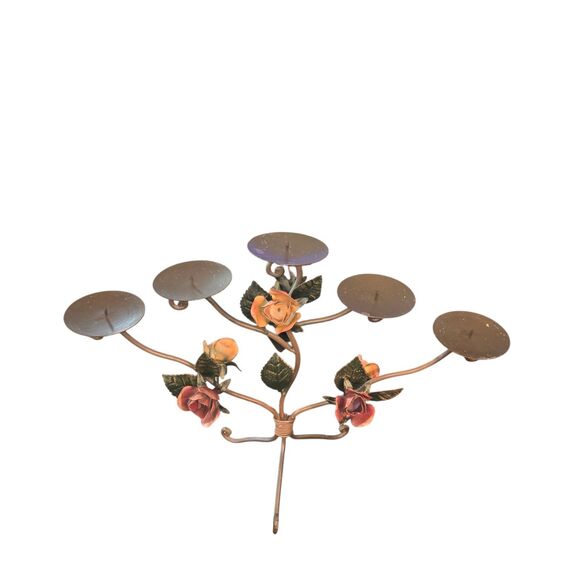 Vintage Metal Toleware Rose Accented 5 Arm Pillar Candle Candelabra 21"X15"X6" - Picture 2 of 11